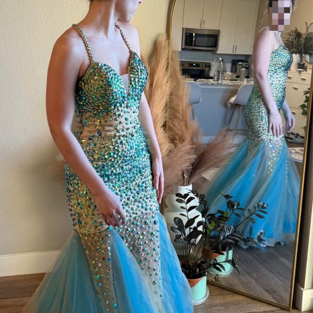 Angela & Alison Blue and Gold Prom Dress